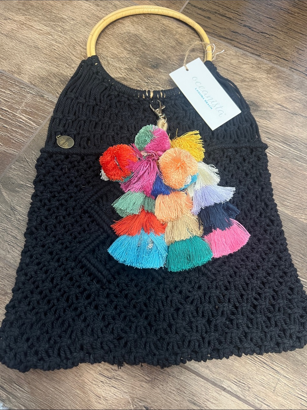 Oceanista Black Macrame Boho Knit Tote Bag NWT with Rainbow Tassel Charm